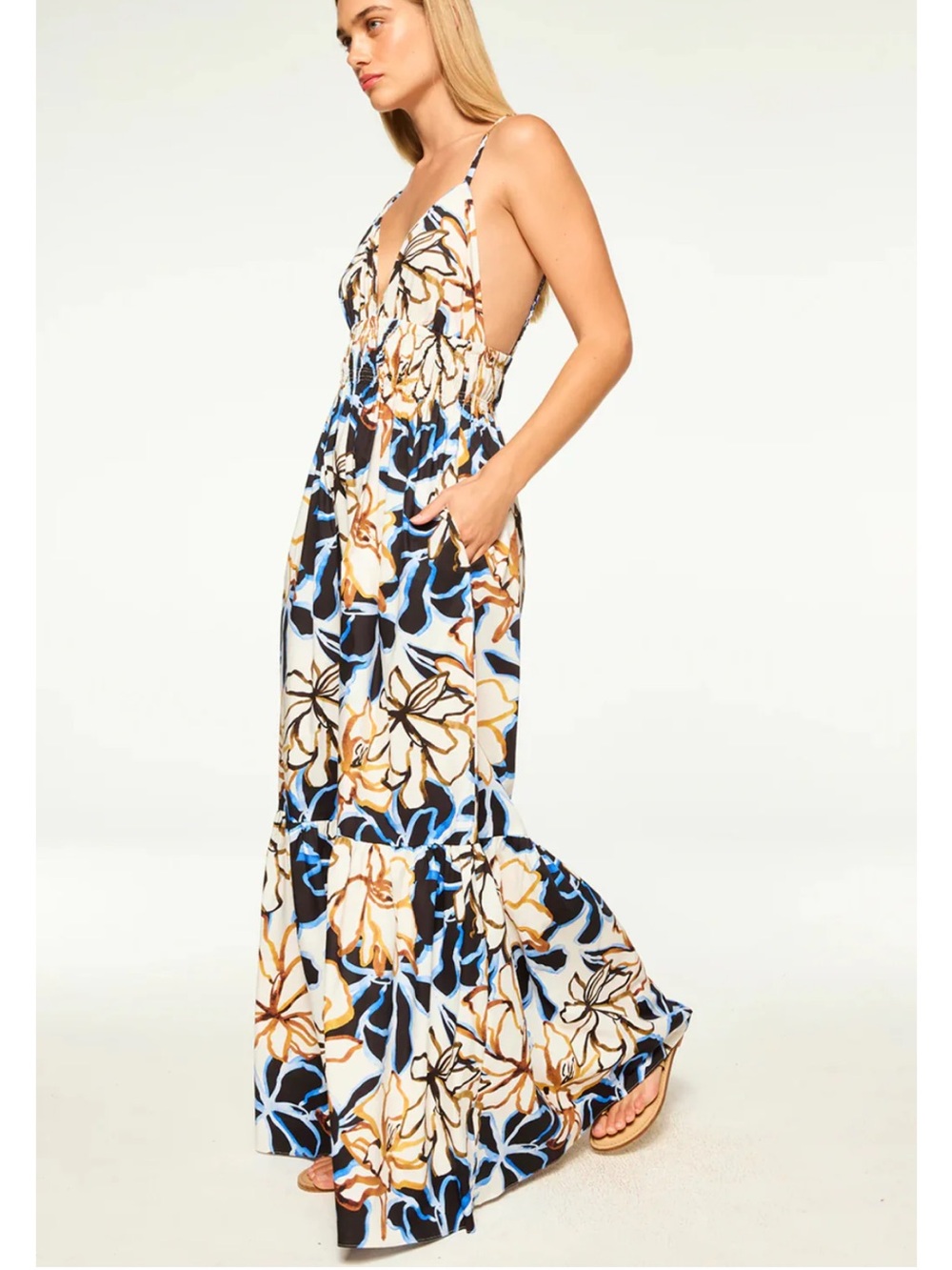 MISA LOS ANGELES Cintra Maxi Tiered dress Bold Blooms Cotton Beachy Coastal Sz M